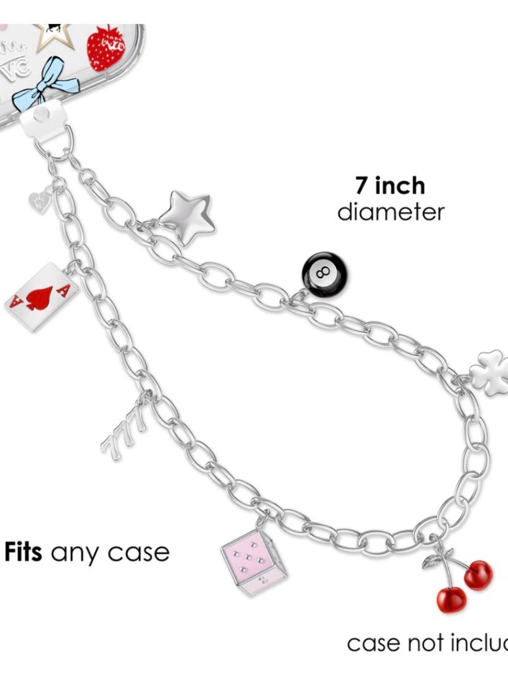 Velvet Caviar Silver Charm Phone Chain with Red Cherry & Pink Dice Charms
